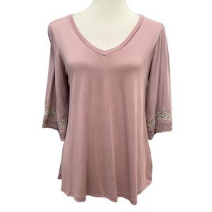 Mystree Womens V Neck Mixed Media Top Size S